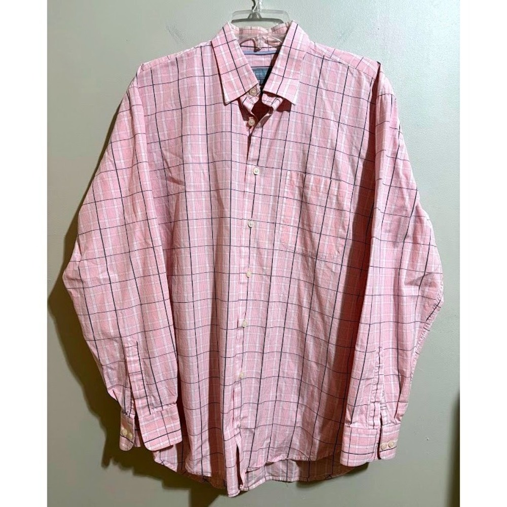 Hickey Freeman Mens‎ Pink Plaid Dress Shirt Size Large Woven in Italy